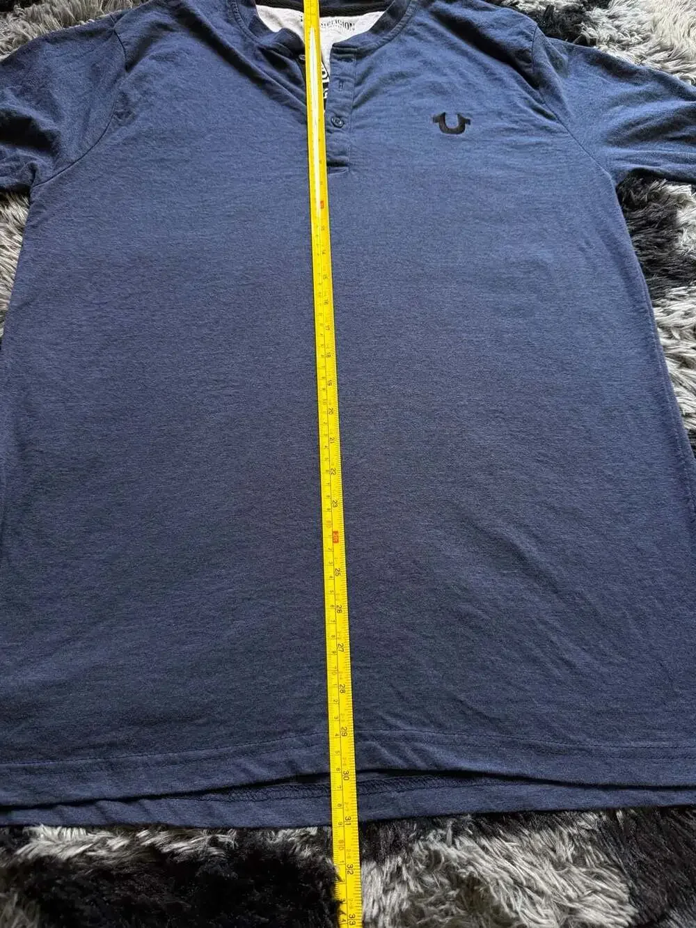 True Religion Men's Long Sleeve Henley Shirt in Navy Blue with Logo Embroidery